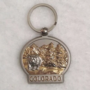 Colorado Keychain Silver Gray Gold Tones Bear Mountains Trees Nature Key Ring - Picture 1 of 4