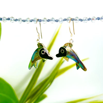 Happy Dolphin Abalone Natural Paua Shell Earring Handmade 925 Sterling Silver - Image 1 of 4
