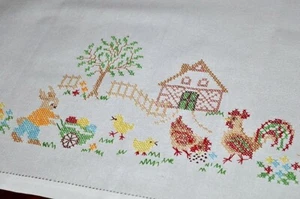 EASTER DAY ON THE FARM W/ WORKER BUNNY & ROOSTER HEN! VINTAGE GERMAN TABLECLOTH - Picture 1 of 12