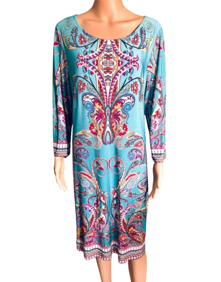 TIANA B Boho Paisley Shift Dress Turquoise Red Yellow Size Large - Image 1 of 4