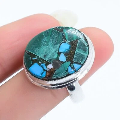 Mosaik Malachite-Turquoise Edelstein Handgemacht Silber Schmuck Ringgröße 7 - Bild 1 von 4