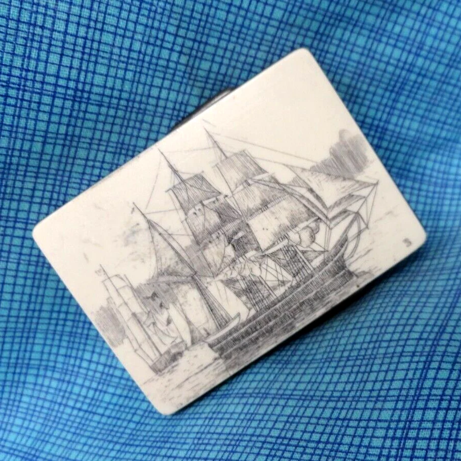 Veleros Vestido Cinturón Hebilla Mar Océano Imitación Scrimshaw De Colección Años 70 Eloxite .QRT784 Foto 1 de 4