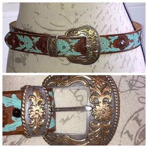 Vintage NWOT Red Spur Western Rodeo Cowgirl Bling Floral Tooled Leather Belt 34 - Picture 1 of 15