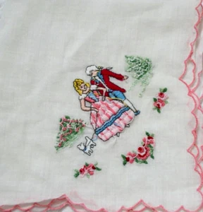 COLONIAL ERA DAYS MAN WOMAN PUPPY DOG Hanky Handkerchief Vtg Hand Embroidered - Picture 1 of 4