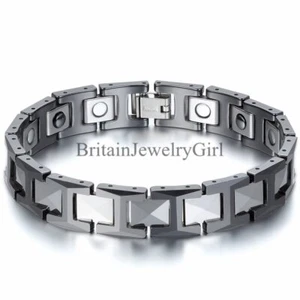 12MM Silver Ceramic Black Tungsten Carbide Magnetic Men Linking Bracelet 8.3" - Picture 1 of 4