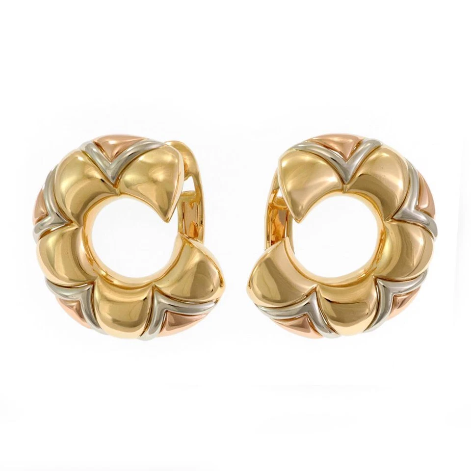 Bvlgari 18k Tri-Color Gold Fancy Designer Huggie Earrings - Image 1 of 4