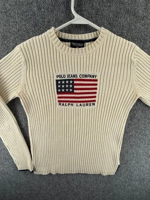 Polo Jeans Co Marfil Bandera Americana Suéter Mujeres Mediano Algodón Acanalado Tejido EE. UU. Foto 1 de 4