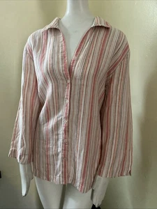 JM Collection 100% Cool Linen Pink Button Down Top Striped Shirt Size 16 - Picture 1 of 14