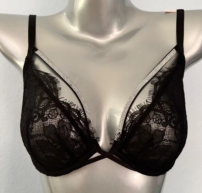 Sujetador Victoria's Secret Corte Bajo Demi Nuevo con Etiquetas Muy Sexy Brillo Correa Negro Con Aros Foto 1 de 4