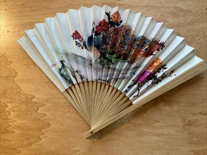 Vintage Wooden & Paper Handheld Fold Up Fan 16 X 10 Inches - Picture 1 of 8