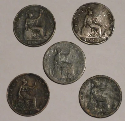 Meio centavo britânico - Conjunto de 5 moedas de abate 1861/62/89/91/92 - Victoria [20] - Imagem 1 de 4