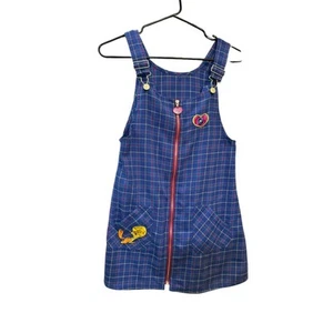 Looney Tunes Girls Tweety Plaid Overall Jumper Dress Size 10/12 Embroidered - Picture 1 of 7