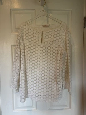Tory Burch Elie Embroidered Eyelet Top L Cream Crochet Cotton Linen 3/4 Sleeve - Image 1 of 4