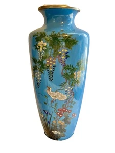 19th Japanese Meiji blue Wireless cloisonné  bronze 9” vase Bird Butterflies Etc - Picture 1 of 8