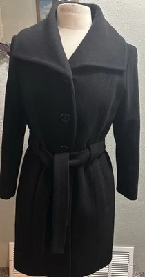 Abrigo para mujer Anne Klein talla 6 mezcla de lana y cachemir con botones delanteros con cinturón forrado negro Foto 1 de 4