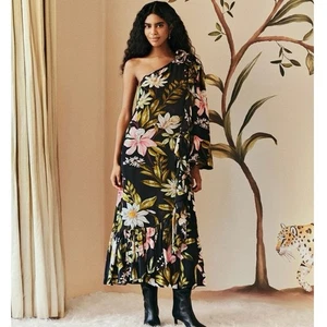 Nuevo sin etiquetas Maxi Vestido Farm Rio Negro Flores Surrealistas Un Hombro XS - Imagen 1 de 13