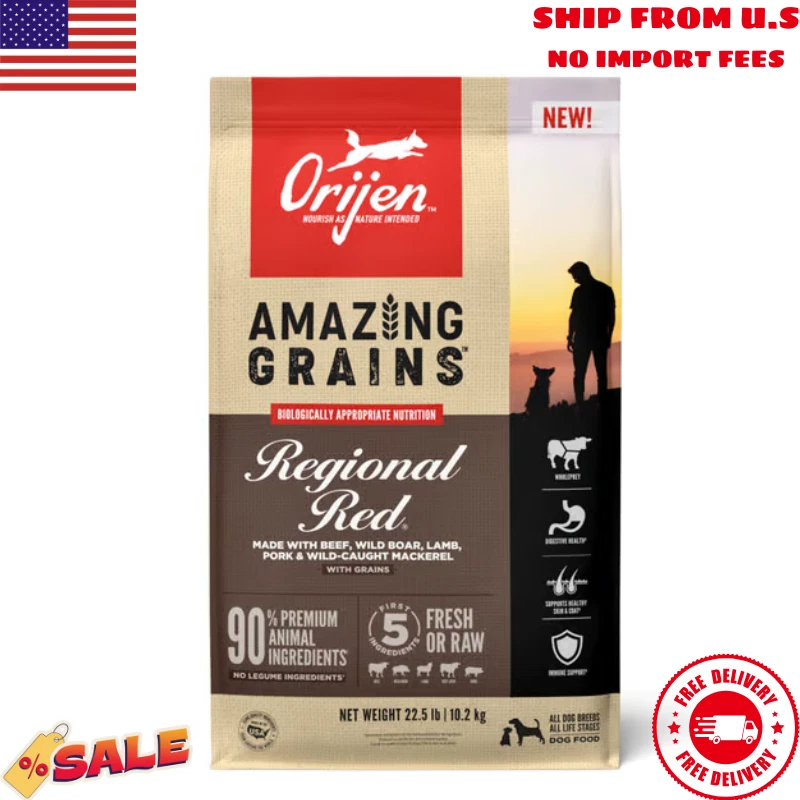 ORIJEN Increíbles Granos Alta Proteína Comida Seca para Perros Regional Roja Receta Bolsa 22.5lb Foto 1 de 1