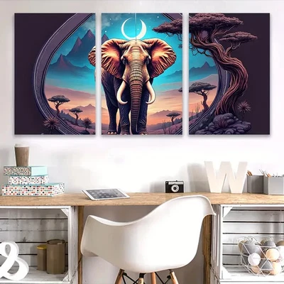 3pcs Majestic Elephant Under The Cosmic Moon Wall Art Canvas  Unframed/Framed - Image 1 of 4