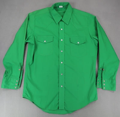 Malco Modes Shirt Mens 15.5 32 Green Pearl Snap Western Pockets Vintage USA Made - Image 1 of 4