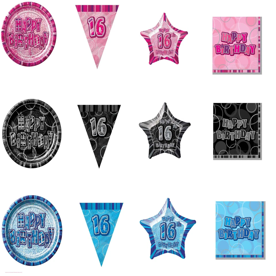 16TH BIRTHDAY PLATES CUPS NAPKINS DECORATIONS BANNERS PARTY PINK BLACK BLUE ITEM - Image 1 of 1