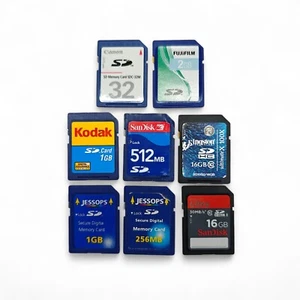 8x SD Cards Memory Card Job Lot - SanDisk Kodak Canon 32MB to 16GB - Working - Picture 1 of 3