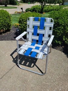 Vintage Retro Folding Aluminum Lawn Chair Blue/White Outdoor Web - Picture 1 of 8