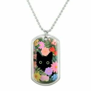 Black Cat Hiding in Spring Flowers Military Dog Tag Pendant Necklace with Chain - Picture 1 of 4