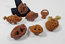 Vintage Hand Carved Pit Seed Nut, Dog Monkey Pig Baskets..Pennants ..Lot of 7