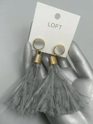 3.5" Long Loft Earrings Gray Feather Tassel White Cabochon Gold Tn $29.50 Retail - Image 1 of 4