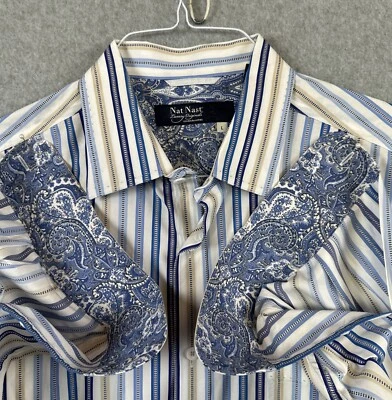 Camisa Nat Nast Para Hombre Grande Azul Rayas Cachemira Puño Abatible 100% Algodón Abotonada Foto 1 de 4