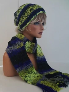 MULTI COLOR HAND CROCHET HAT AND SCARF SET HAND MADE BEANIE CLOCHE BOHO TAM CAP - Picture 1 of 7