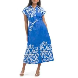 NWT MAGARI Made In Italy Baroque Print Belted Cotton Shirt Dress Sz S/P Blue - Picture 1 of 9