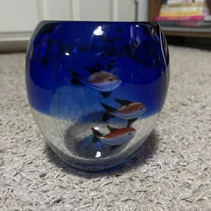 Kunstglas Fisch Aquarium Vase Schale blau Vintage handgefertigt unsigniert schwere Vase - Bild 1 von 10
