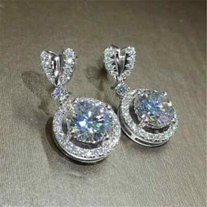 2Ct Round Cut Lab Created Diamond Dangle & Drop Earrings 14k White Gold Plated - Picture 1 of 3