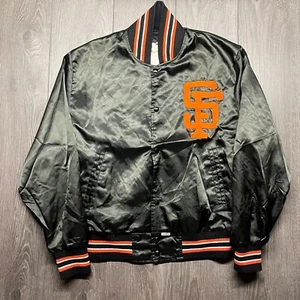Vintage San Francisco SF Shain Black Satin Bomber Jacket 1980s Large XL - Foto 1 di 10
