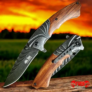 8" Tactical Brown WOOD HANDLE Spring Assisted Folding Open Blade Pocket Knife - Picture 1 of 5