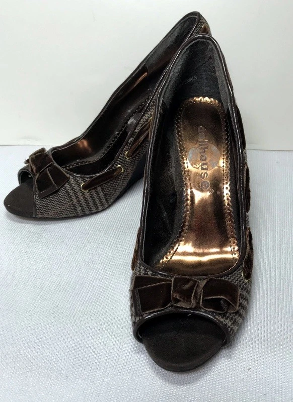 Casa de Muñecas Nawty Mujer Marrón Punta Abierta Tacones Sin Cordones Tacón de Cuña Talla 7M L612 Foto 1 de 4