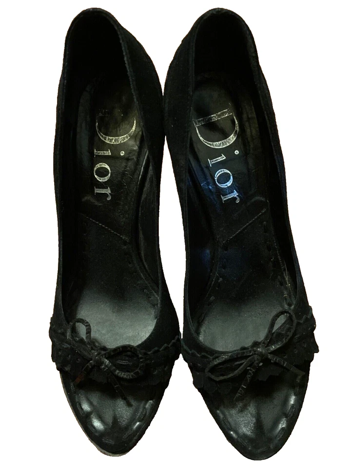 Sandalias de aguja Christian Dior para mujer punta abierta gamuza flecos negras talla 36,5,6,5 Foto 1 de 4