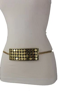 Women Gold Metal Chain Fashion Belt Hip Waist Wide Polka Dot Buckle Plate XS S M - Picture 1 of 12