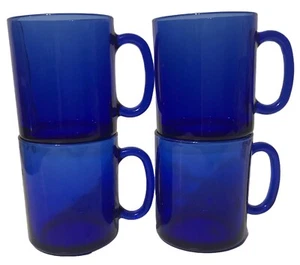 Cobalt Blue Glass Coffee Tea Set of 4 Mugs~Cups France 3 5/8” tall~Handle - Picture 1 of 4