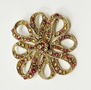 Goldtone & Rhinestone Ribbon Rose Flower Brooch Red Yellow 2" VTG - Picture 1 of 3