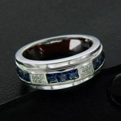2 Ct Princess Lab Created Blue Sapphire Men's Wedding Band 14K White Gold Plated - Image 1 of 4