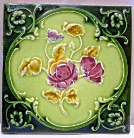 Antique Tile Majolica Rose Purple Art Nouveau England Floral Architecture "133 Cover