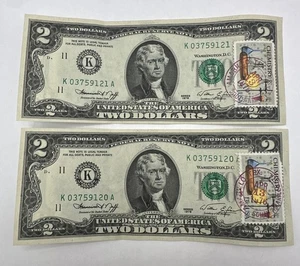 1976 Series $2 Two Dollar Bills FDOI Bicentennial Stamped 2 Sequential Serial CU - Picture 1 of 6