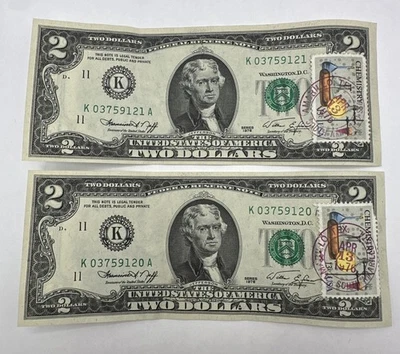 1976 Series $2 Two Dollar Bills FDOI Bicentennial Stamped 2 Sequential Serial CU - Image 1 of 4