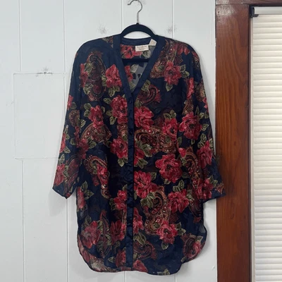 Camisón transparente vintage Victoria's Secret floral con botones azul marino pequeño Foto 1 de 4