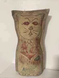 RARE Antique Canvas CARNIVAL KNOCKDOWN PUNK CAT Horsehair Stuffed Wood Base 20" - Picture 1 of 12