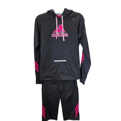 Adidas Girls Active Hoodie & Shorts Set Black Pink Athleisure Track Suit - Image 1 of 4
