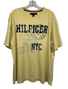 TOMMY HILFIGER Men size XL Yellow Spell Out T-Shirt Distressed Paint Holes - Picture 1 of 12
