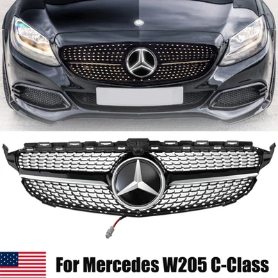 Black For 2015-2018 Mercedes Benz W205 C300 C250 C350 Front Grille w/LED Emblem Foto 1 de 4
